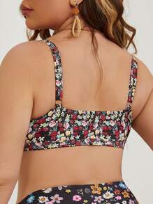 SHEIN Swim Curve Summer Beach Plus Ditsy Floral Print Ring Linked Cut Out Bikini Top - Multicolor - View 2