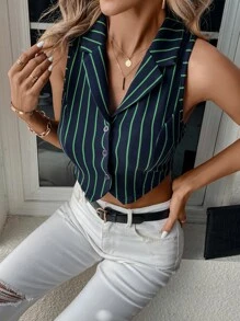 SHEIN Clasi 條紋圖案西裝領短款馬甲