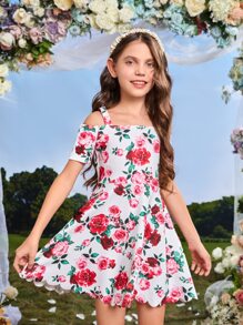 SHEIN Girls Floral Print Cold Shoulder Dress - Multicolor - View 1