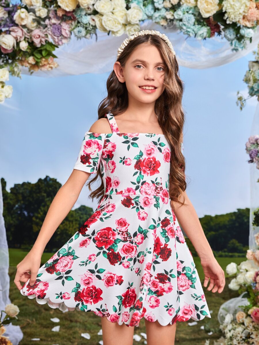 SHEIN Girls Floral Print Cold Shoulder Dress - Multicolor - View 1