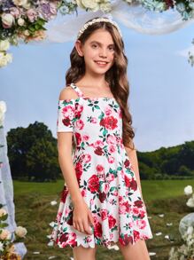 SHEIN Girls Floral Print Cold Shoulder Dress - Multicolor - View 3