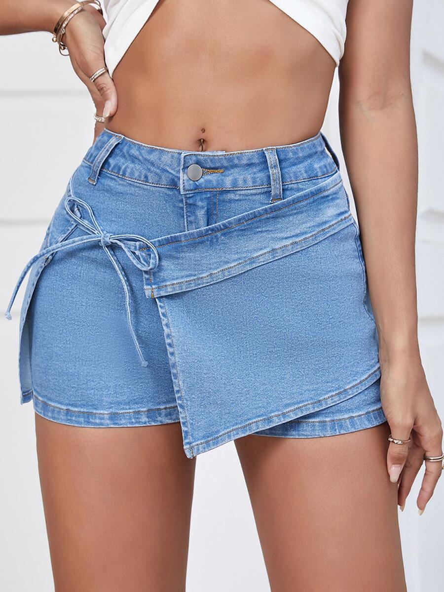Quần short denim nữ Thắt nút Túi Dây kéo Nút màu trơn - Rửa nhẹ - Xem 1