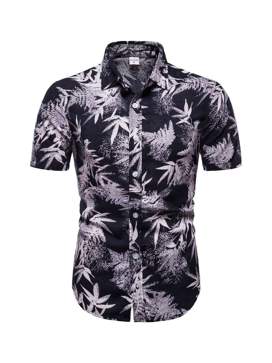 Men Tropical Print Button Up Curved Hem Shirt - Multicolor - View 1