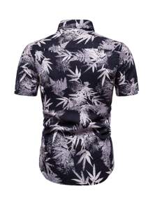 Men Tropical Print Button Up Curved Hem Shirt - Multicolor - View 2