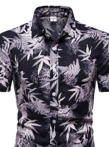 Men Tropical Print Button Up Curved Hem Shirt - Multicolor - View 3