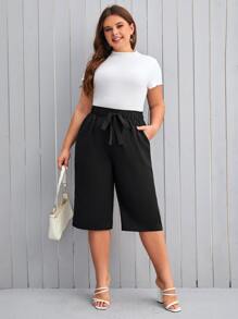 SHEIN LUNE Pantalones capri con cordón delantero con bolsillo oblicuo - Negro - Ver 3