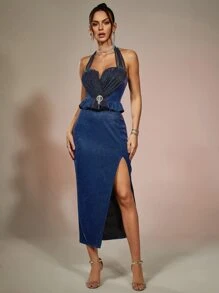 Đầm Lộ Lưng Pha lê kim cương Xù Dây kéo Tách cao Buộc lại màu trơn Buổi tiệc - Màu xanh hải quân - Xem 1