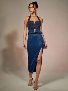 Đầm Lộ Lưng Pha lê kim cương Xù Dây kéo Tách cao Buộc lại màu trơn Buổi tiệc - Màu xanh hải quân - Xem 3