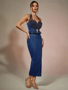 Đầm Lộ Lưng Pha lê kim cương Xù Dây kéo Tách cao Buộc lại màu trơn Buổi tiệc - Màu xanh hải quân - Xem 4