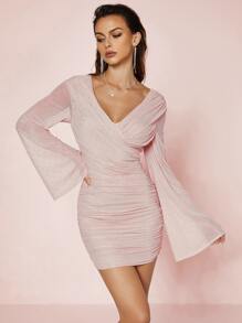 Surplice Neck Bell Sleeve Ruched Glitter Bodycon Dress - Baby Pink - View 1