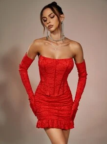 Lace Ruffle Hem Detail Glove Bandeau Bodycon Mini Dress - Red - View 1