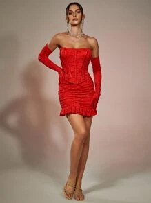 Lace Ruffle Hem Detail Glove Bandeau Bodycon Mini Dress - Red - View 3
