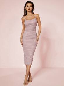 Solid Ruched Mesh Bodycon Dress - Dusty Purple - View 1