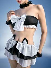 6件撞色蝴蝶結裝飾內衣套裝 - 黑色 - 查看 3