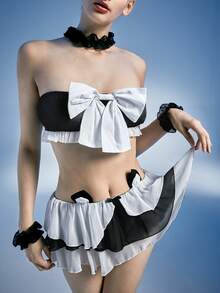 6件撞色蝴蝶結裝飾內衣套裝 - 黑色 - 查看 5