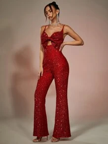 Cut Out Bow Front Sequin Cami Jumpsuit - Red - View 2