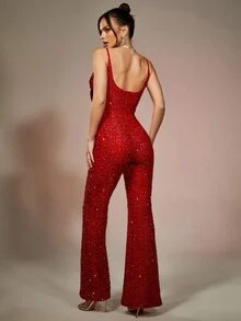 Cut Out Bow Front Sequin Cami Jumpsuit - Red - View 3