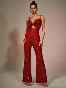 Cut Out Bow Front Sequin Cami Jumpsuit - Red - View 5