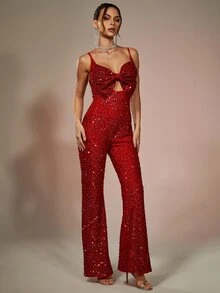 Cut Out Bow Front Sequin Cami Jumpsuit - Red - View 6