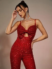 Cut Out Bow Front Sequin Cami Jumpsuit - Red - View 7