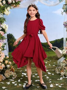 SHEIN 女孩泡泡袖荷葉邊手帕下擺繫腰帶洋裝