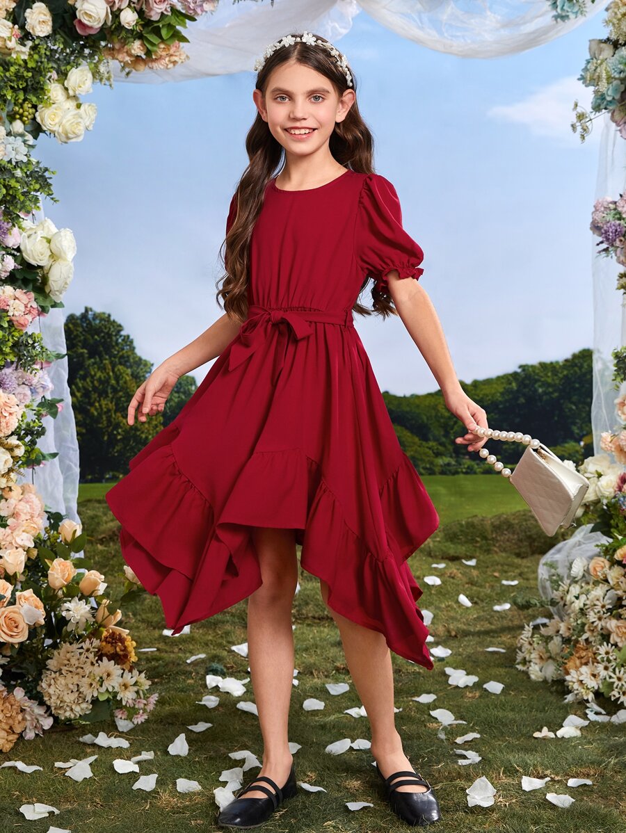 SHEIN 女孩泡泡袖荷葉邊手帕下擺繫腰帶洋裝