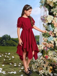 SHEIN 女孩泡泡袖荷葉邊手帕下擺繫腰帶洋裝