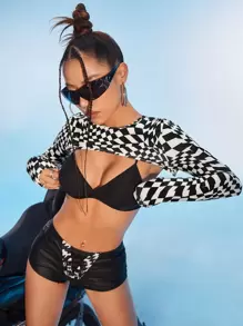 SHEIN ICON Bikercore棋盤格印花超短版聳肩上衣不附文胸