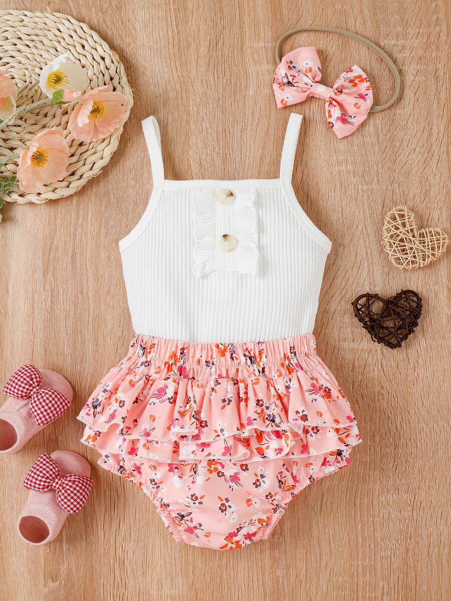 Bebé Body de tirantes fruncido & Shorts bajo a capas & Accesorio Diadema - Multicolor - Ver 1