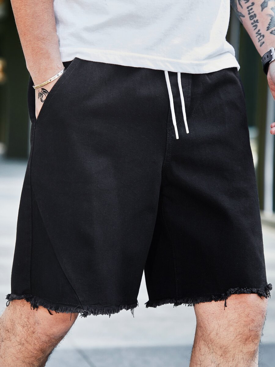 Manfinity EMRG Men Cotton Raw Cut Drawstring Waist Denim Shorts - Black - View 1