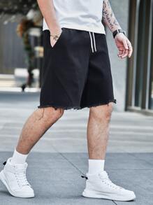 Manfinity EMRG Men Cotton Raw Cut Drawstring Waist Denim Shorts - Black - View 3
