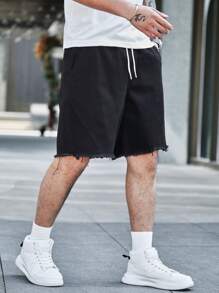 Manfinity EMRG Men Cotton Raw Cut Drawstring Waist Denim Shorts - Black - View 4
