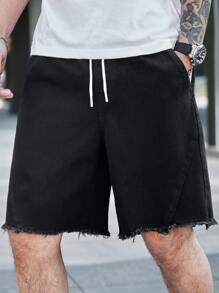 Manfinity EMRG Men Cotton Raw Cut Drawstring Waist Denim Shorts - Black - View 5