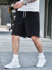 Manfinity EMRG Men Cotton Raw Cut Drawstring Waist Denim Shorts - Black - View 6