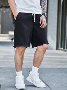 Manfinity EMRG Men Cotton Raw Cut Drawstring Waist Denim Shorts - Black - View 7