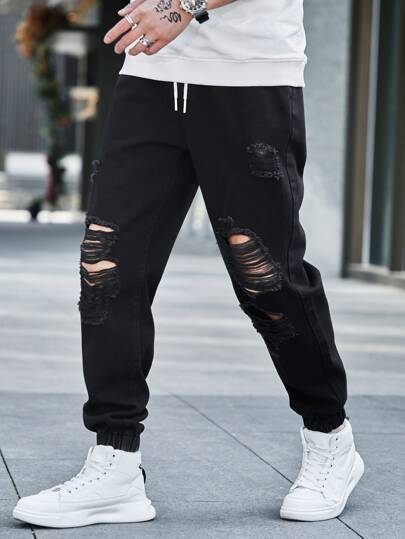 Jeans cargo noirs unicolore à jambe droite, taille avec cordon de serrage, déchirés, pour homme. Coupe slim, convient pour les sorties, les promenades, les déplacements, les parcs nationaux et le style grunge. Idéal pour les cadeaux pour le mari ou le petit ami.