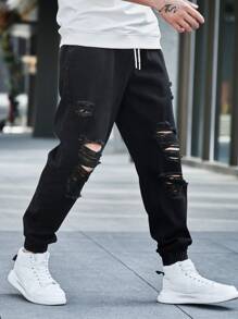 Manfinity Homme Men Cotton Ripped Drawstring Waist Jogger Frayed Jeans Plain Slim Fit Long Ripped Plain Black Cargo Jeans, For Husband, Boyfriend Gifts Going Out Hang Out Commute National Park Street, Grunge - Black - View 5