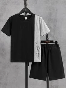SHEIN Boys Letter Graphic Two Tone Tee & Shorts - Black - View 1