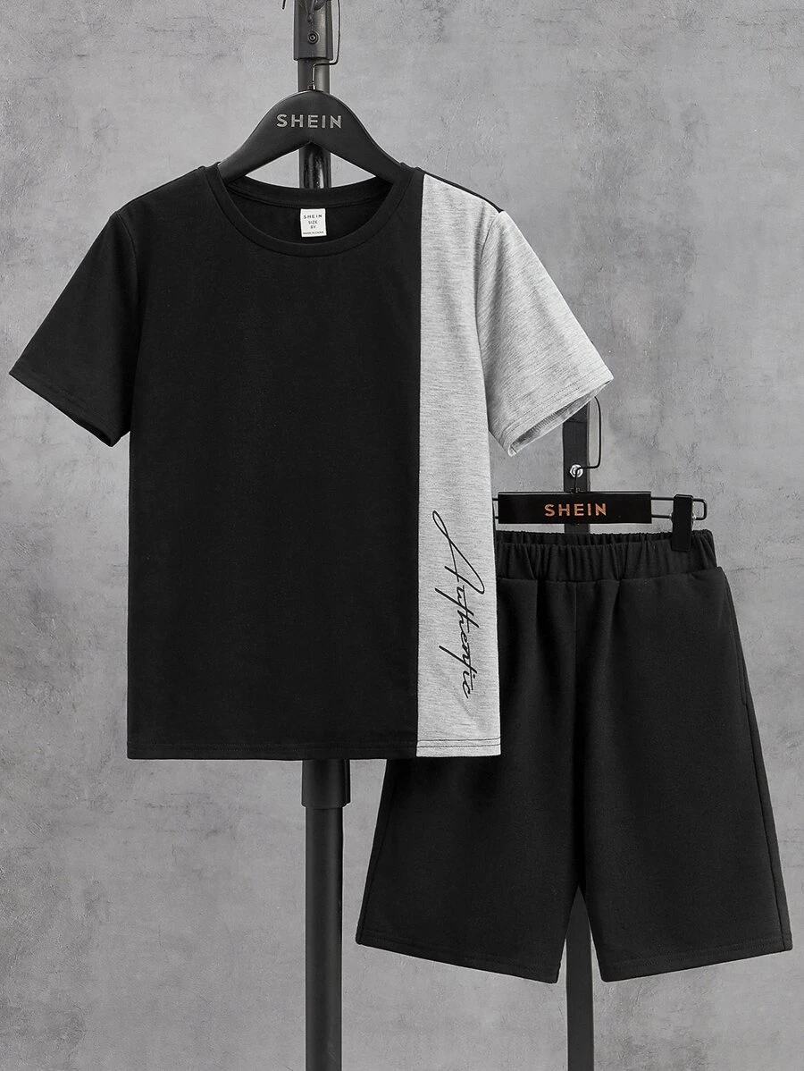SHEIN Boys Letter Graphic Two Tone Tee & Shorts - Black - View 1