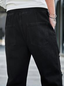 Manfinity Homme Men Cotton Ripped Drawstring Waist Jogger Frayed Jeans Plain Slim Fit Long Ripped Plain Black Cargo Jeans, For Husband, Boyfriend Gifts Going Out Hang Out Commute National Park Street, Grunge - Black - View 7