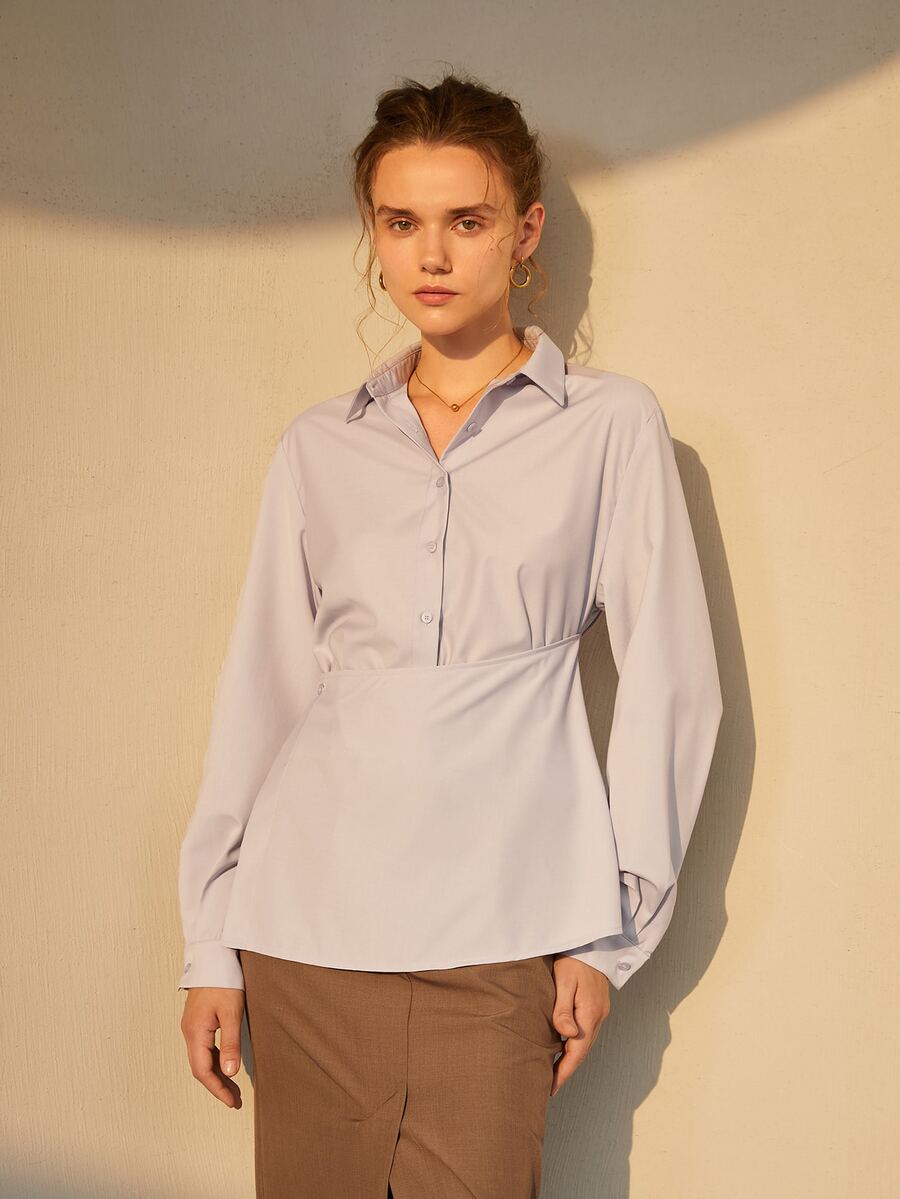 素色前紐扣襯衫 - 紫丁香色 - 查看 1