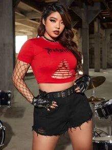 SHEIN ICON Plus Ripped Raw Hem Denim Shorts Without Belt - Black - View 3