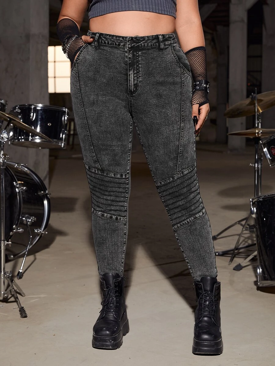 SHEIN ICON Plus High Waist Ruched Skinny Jeans Without Belt - Dark Grey - View 1