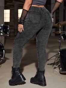 SHEIN ICON Plus High Waist Ruched Skinny Jeans Without Belt - Dark Grey - View 2