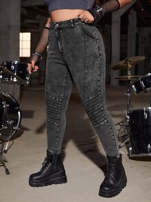 SHEIN ICON Plus High Waist Ruched Skinny Jeans Without Belt - Dark Grey - View 3
