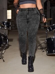 SHEIN ICON Plus High Waist Ruched Skinny Jeans Without Belt - Dark Grey - View 4