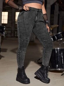 SHEIN ICON Plus High Waist Ruched Skinny Jeans Without Belt - Dark Grey - View 5
