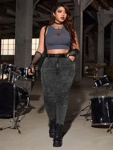 SHEIN ICON Plus High Waist Ruched Skinny Jeans Without Belt - Dark Grey - View 6