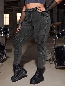 SHEIN ICON Plus High Waist Ruched Skinny Jeans Without Belt - Dark Grey - View 7
