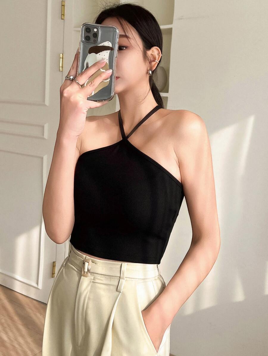 DAZY Solid Criss Cross Backless Halter Top - Black - View 1